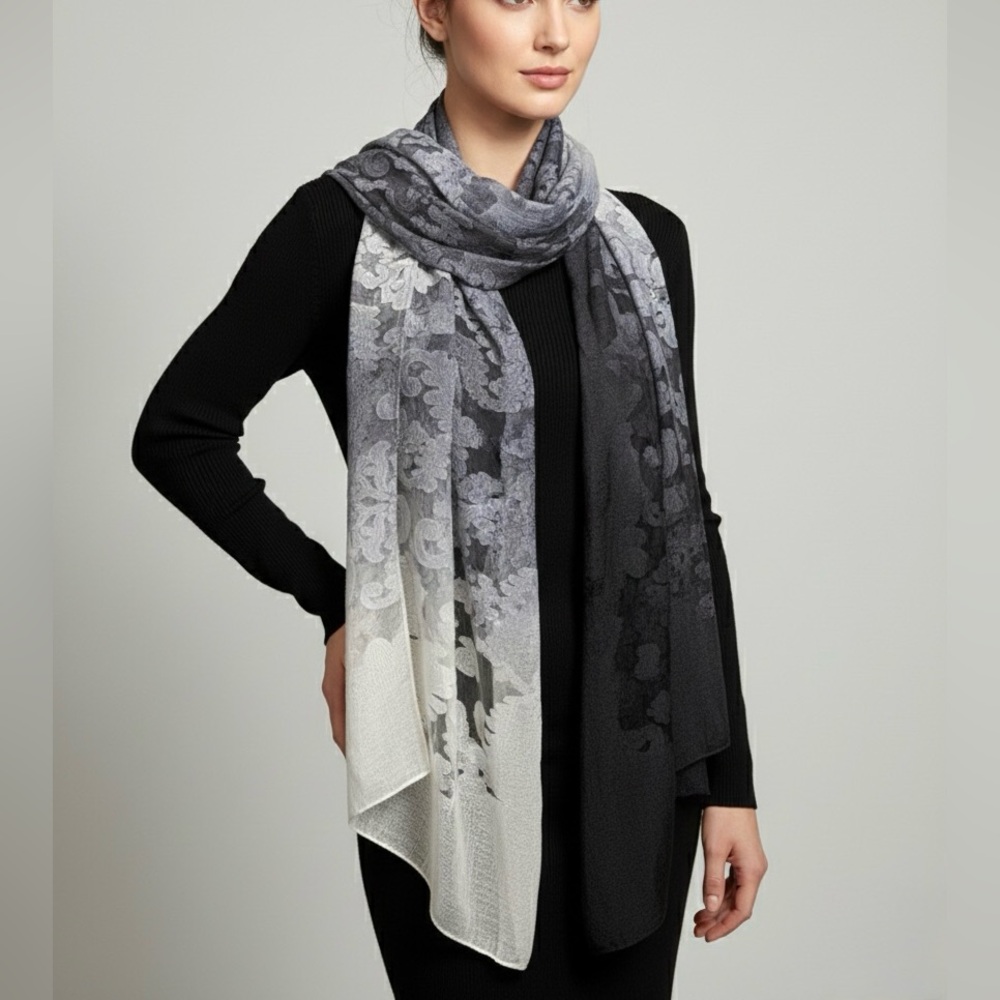 Vtg Ombre Damask Sheer Burnout Scarf Black Grey White Devore Large Rectangle